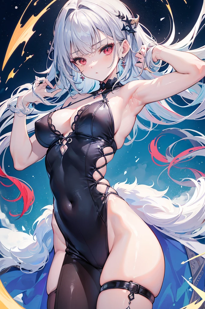 (Hands under armpits:1.4), (show armpits:1.3), (Underarm revealing clothing:1.5), (Raise your hands and show your armpits:1.4), (Armpit-revealing clothing:1.4), (Visible under armpits:1.3), (Expose the armpits:1.4), (Sexy underarms:1.4), (Charming armpits:1.3), (Smooth underarms:1.3), (Charming armpits:1.3), (sexy skin:1.4), (Soft armpits:1.3), (Charming armpits:1.4), (Charming armpits:1.3), (Supple skin:1.4), (Seductive armpits:1.4), UHD, retina, masterpiece, ccurate, anatomically correct, textured skin, super detail, high details, high quality, award winning, best quality, highres, 16k, long dark silver hair, red eyes, black halo, super white skin, multicolored hair, high res, masterpiece, supershar, high quality, masterpiece, HD, castle in background