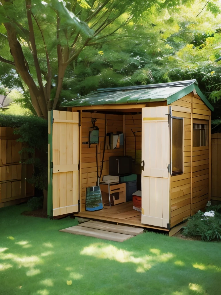 Small shed in the backyard、Surrounded by trees々Surrounded by、The color of the shed is brown