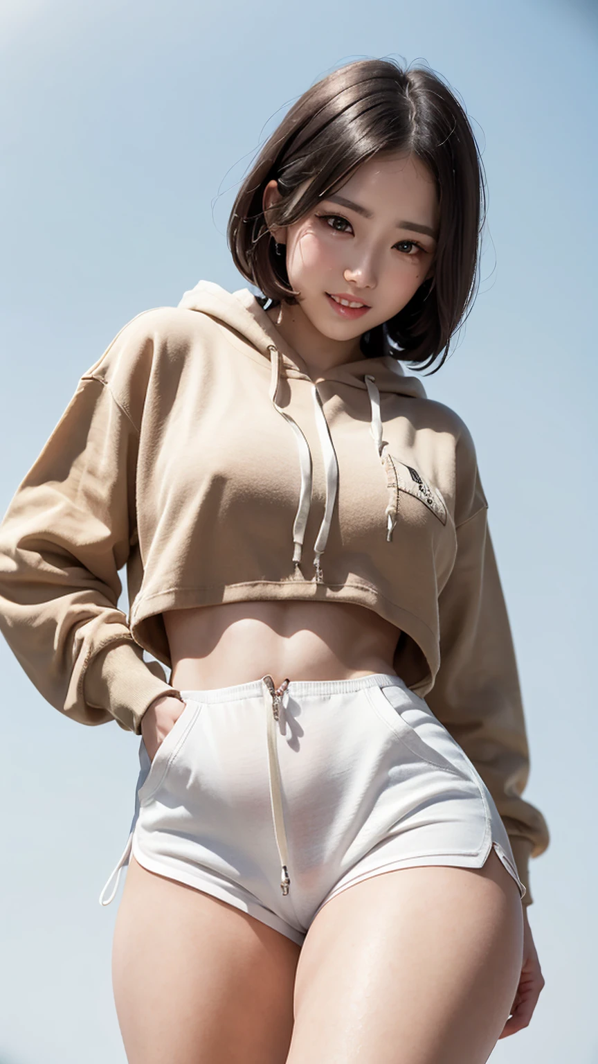 masterpiece、Highest quality、Best image quality、Woman with a height of 165 cm、Super Short Hair、Natural Makeup、Eyelash extensions、Draw eyelashes sharply、Show your teeth and smile happily、(Stand with your whole body facing the viewer:1.5)、Japanese 、Commemorative photo in the schoolyard、(Clothes with simple designs、Oversized white hoodie:1.5)、(Fitted white pocketless dolphin shorts:1.3)、(Camel Toe:1.3)、Blur the background、(Cowboy Shot:1.3)、(View the subject from below:1.3), Close up on face
