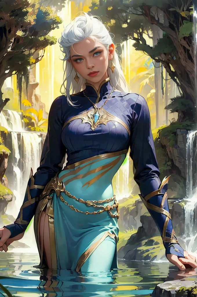 ( absurdity, high quality, ultra detailed, masterpiece, conceptual art, smooth, very detailed work of art, hyperrealistic picture ) , Waterfall, a cave, atlantis, , Disney, atlantis, 1 girl, White hair, bang, dark skin, lush lips, blue top and skirt, pendant with ulmaz on the chest, gold earring, stands sideways thoughtfully