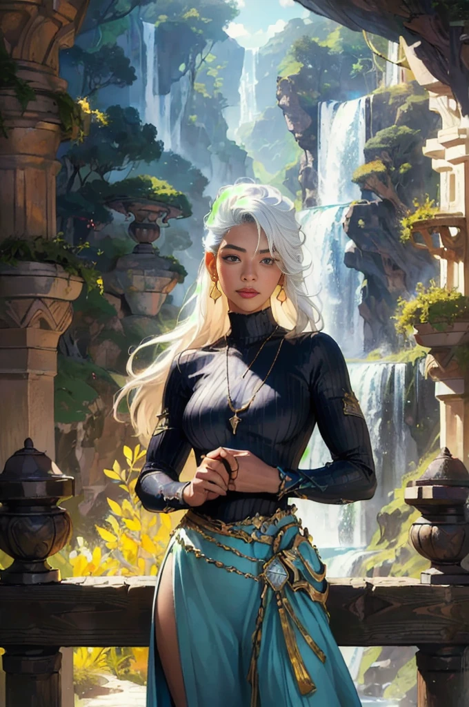 ( absurdity, high quality, ultra detailed, masterpiece, conceptual art, smooth, very detailed work of art, hyperrealistic picture ) , Waterfall, a cave, atlantis, , Disney, atlantis, 1 girl, White hair, bang, dark skin, lush lips, blue top and skirt, pendant with ulmaz on the chest, gold earring, stands sideways thoughtfully