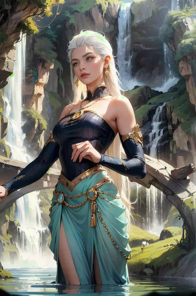 ( absurdity, high quality, ultra detailed, masterpiece, conceptual art, smooth, very detailed work of art, hyperrealistic picture ) , Waterfall, a cave, atlantis, , Disney, atlantis, 1 girl, White hair, bang, dark skin, lush lips, blue top and skirt, pendant with ulmaz on the chest, gold earring, stands sideways thoughtfully