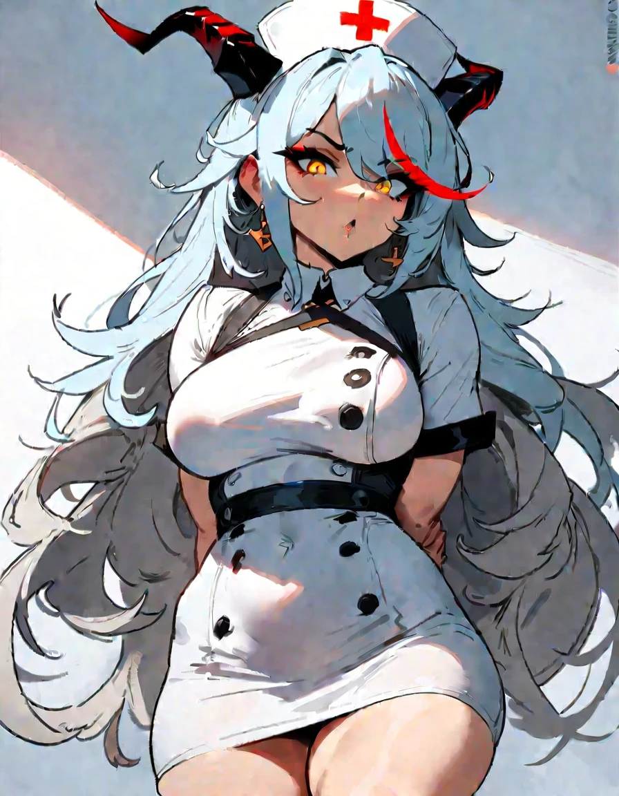 1girl, aegir \(azur lane\), azur lane \\\\\ masterpiece, best quality, very aesthetic, absurdres, newest \\\\\\ sportive body, \\\\\\ by nyantcha,,by cutesexyrobutts,by khyle ///// silvery white hair with a single prominent red streak, black horns, yellow eyes, , white background, white (nurse outfit:1.2), skirt, standing, white pencil skirt, nurse cap, hands behind back