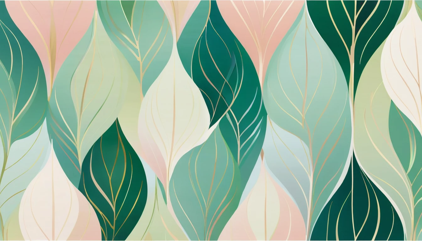 Create a backdrop with an abstract leaf pattern inspired by nature, with the use of soft color gradients and symmetrical yet organic placement of elements, creating an elegant and refreshing impression

