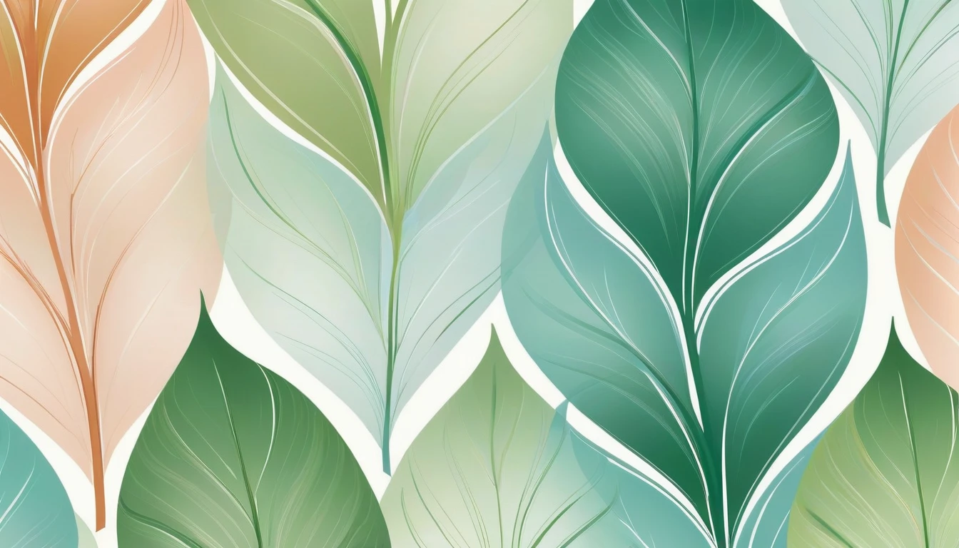 Create a backdrop with an abstract leaf pattern inspired by nature, with the use of soft color gradients and symmetrical yet organic placement of elements, creating an elegant and refreshing impression