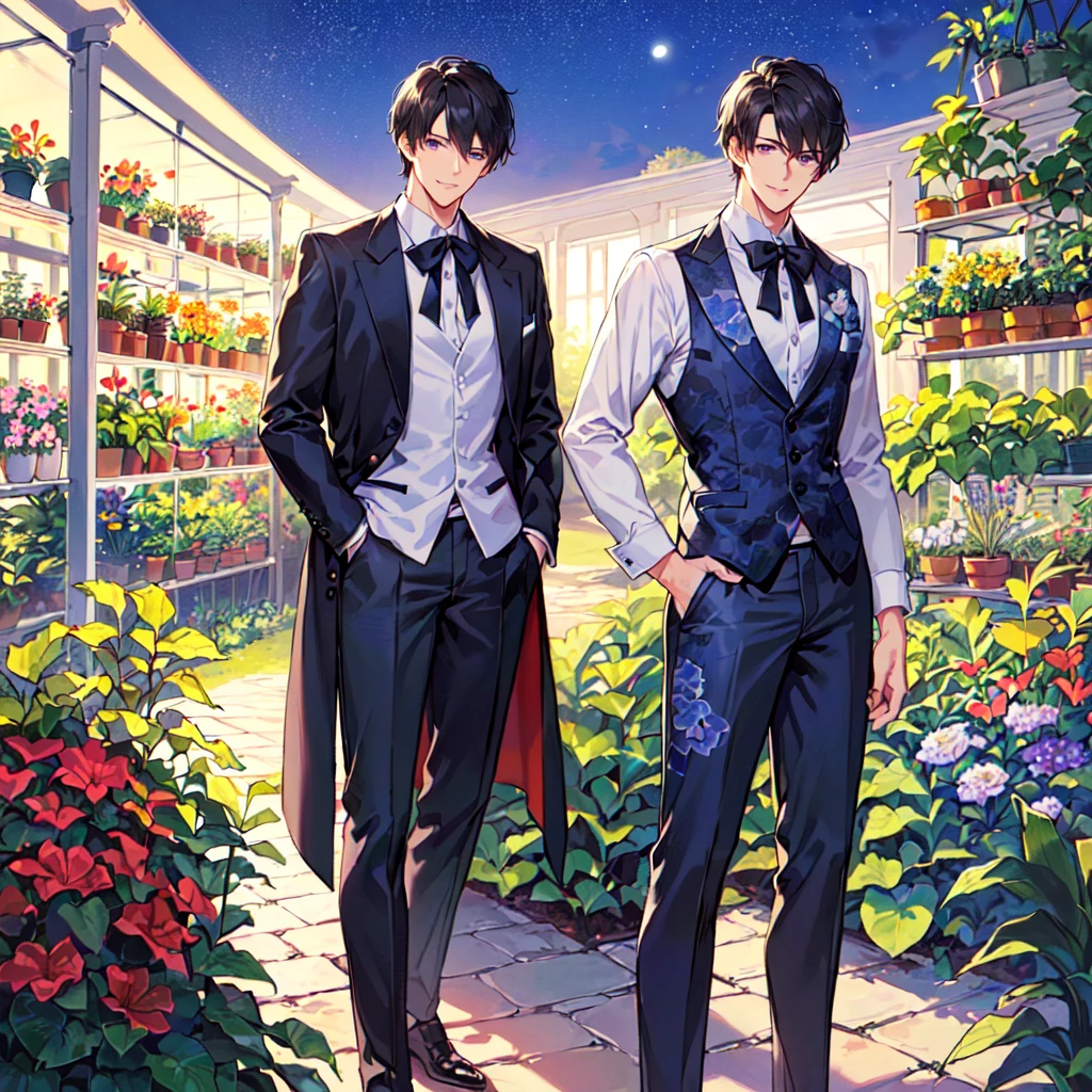 masterpiece,best quality,high quality,(1male austere handsome solo adult age 30 years old:1.5), purple eyes, cool with suspended eyes, V-shaped eyebrows, body strong and fearless 8.5 head tall, height 185cm, (well-groomed black short hair down to neck:1.4), (bangs 7 thirds parted:1.4), slender nose, facial muscles, throat, (pants in houseplant print fashion:1.3), (standing), (stylish pose), (fearless smile:1.3), (botanical garden full of houseplants in background:1.5), (Night Sky:1.2)