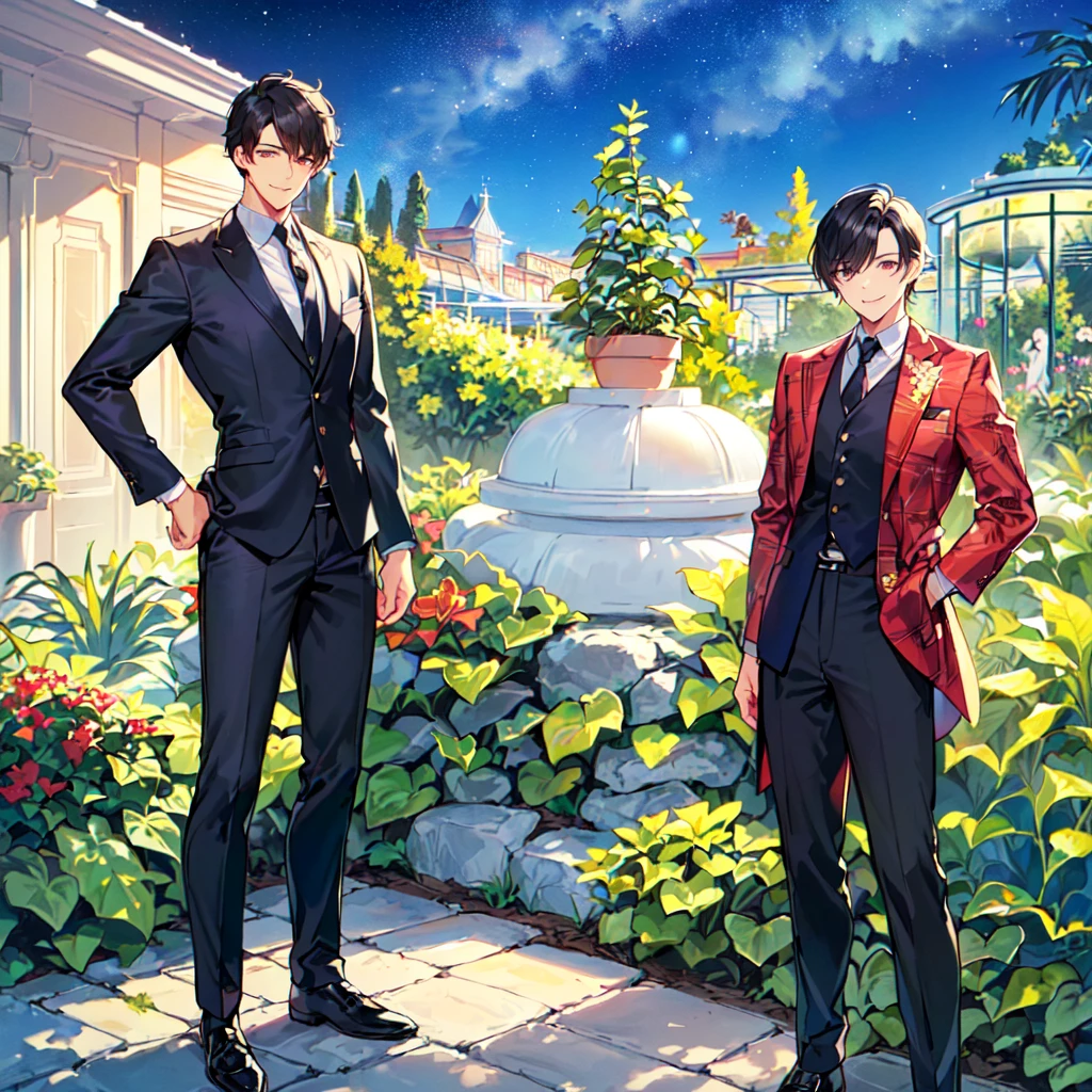 masterpiece,best quality,high quality,(1male austere handsome solo adult age 30 years old:1.5), purple eyes, cool with suspended eyes, V-shaped eyebrows, body strong and fearless 8.5 head tall, height 185cm, (well-groomed black short hair down to neck:1.4), (bangs 7 thirds parted:1.4), slender nose, facial muscles, throat, (pants in houseplant print fashion:1.3), (standing), (stylish pose), (fearless smile:1.3), (botanical garden full of houseplants in background:1.5), (Night Sky:1.2)