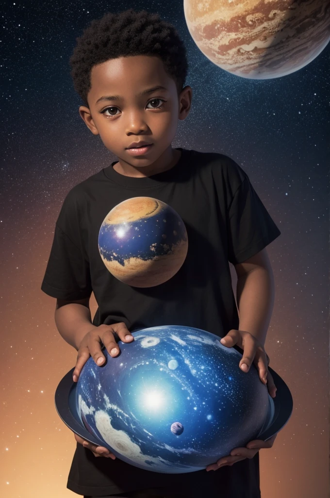 Drawing of a 4--old ck boy with planets around him