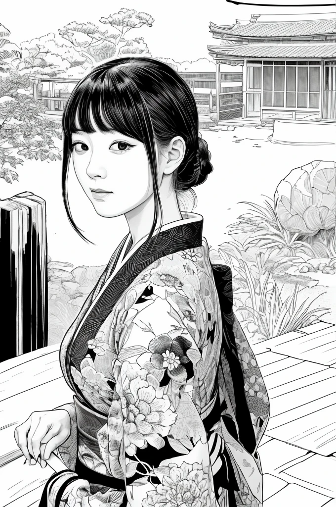 Please create a realistic ukiyo-e illustration of a cute, woman in a kimono that conveys Japanese culture in various poses with (a Japanese garden in the background:1.5), using a simple black and white coloring book that even children can do. The illustration is a illustration with detailed facial features and cartoon-style visuals, (high contrast, sketch, monochrome, clean line drawings for coloring book:1.5)