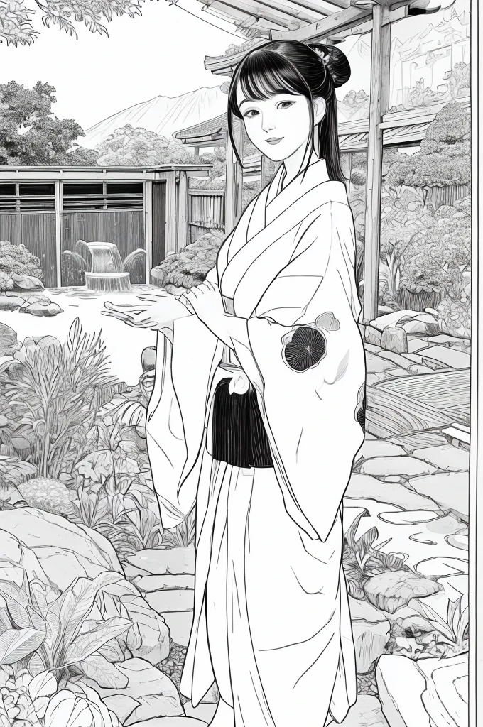 Please create a realistic ukiyo-e illustration of a cute, woman in a kimono that conveys Japanese culture in various poses with (a Japanese garden in the background:1.5), using a simple black and white coloring book that even children can do. The illustration is a illustration with detailed facial features and cartoon-style visuals, (high contrast, sketch, monochrome, clean line drawings for coloring book:1.5)