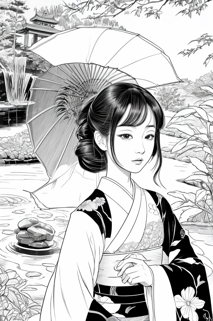 Please create a realistic ukiyo-e illustration of a cute, woman in a kimono that conveys Japanese culture in various poses with (a Japanese garden in the background:1.5), using a simple black and white coloring book that even children can do. The illustration is a illustration with detailed facial features and cartoon-style visuals, (high contrast, sketch, monochrome, clean line drawings for coloring book:1.5)