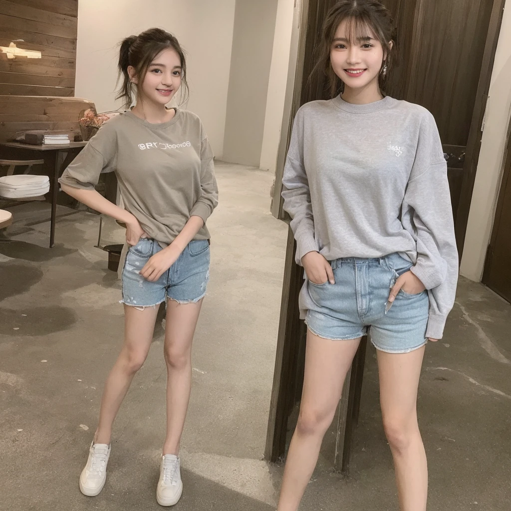 ((finest masterpiece)), ((Highest quality)), ((8K)), 1 girl, Japanese, 21 years old, so beautiful, cute, Female Model, whole body, thin, Ultra-luxury hotel, ソニー一眼レフphotograph, Brown Hair, Highlighted Hair、short hair, Wavy Hair、looking at the camera,smile, Background Real, Marble wall、bus, Vanity top,photograph,jeans,