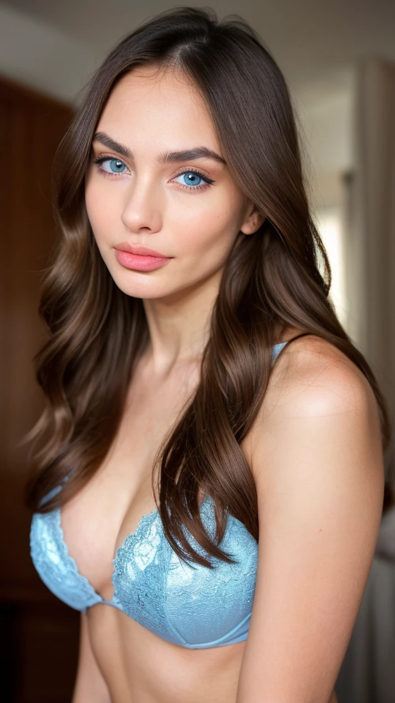 Antonina Petkovic, bimbo super model, Victoria secret model, runway fashion week, (((plump pouty Lips, high cheekbones, slender face, foxy))), brunette Hair, skin imperfection, ((long wavy hair)), Masterpiece, high res, 8k, award winning, RAW photo, high quality, 35mm photograph, film grain, bokeh, professional, 4k, highly detailed, 1girl, cleavage, straight on, dynamic lighting, face focus, (light blue eyes), pale skin, looking_at_viewer, depth of field, Erotic, thick lips, perfect smile, expressive