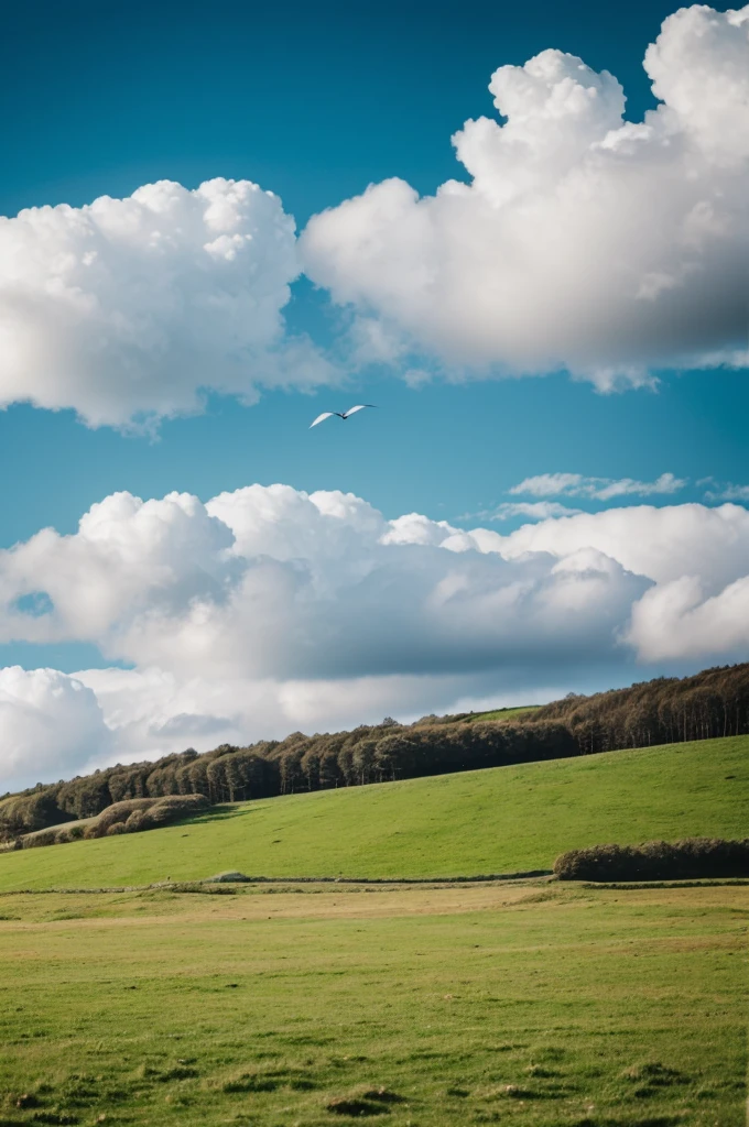 Hill, sea, trees, peddy field, wind, white cloud, blue sky, birds