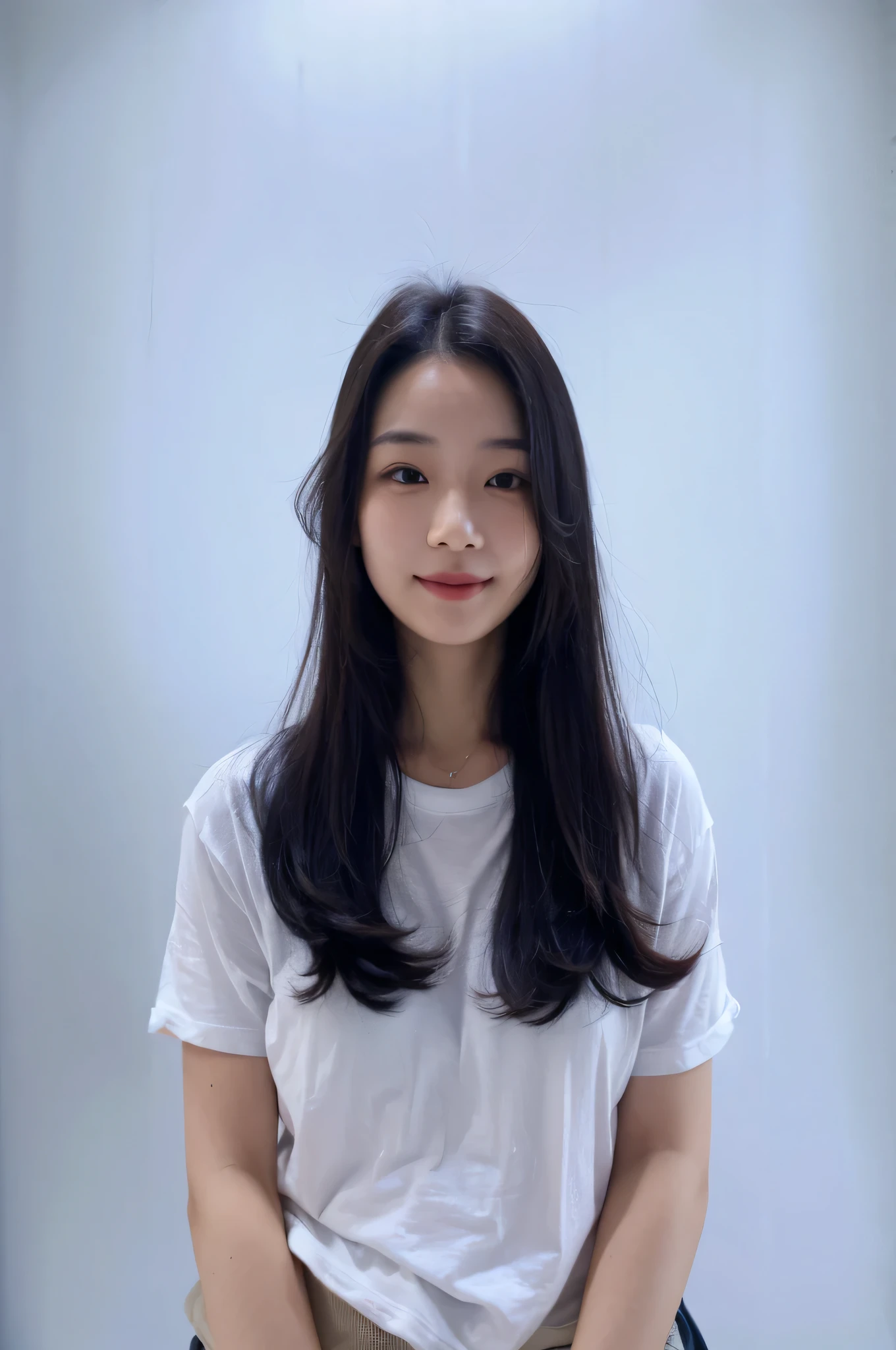 Best Quality, 8k, Masterpiece, (Portrait: 1.3), (photo realistic:1.4), (hyper realistic:1.4), Sharp Focus, looking at viewer, (smoother lighting:1.1), (increase cinematic lighting quality:0.9), realistic lighting, backlighting, light on face, ray trace, (brightening light:1.2), (Increase quality:1.4), sharp detail, (best quality real texture skin:1.4), finely detailed eyes, black_eyes, finely detailed face, 25 year old Korean woman, (T-shirt:1.4), (Create an image maintaining the orig.smiling_face