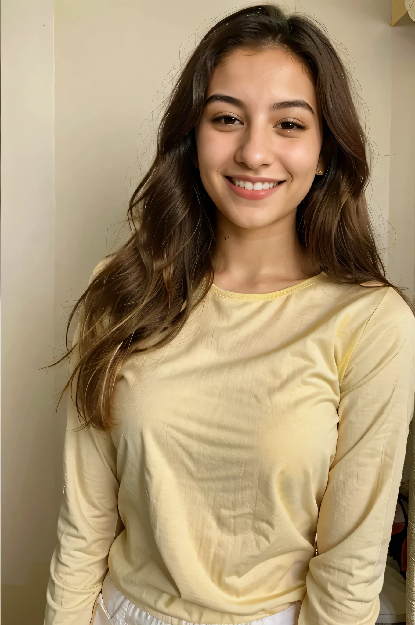 20YO, small nose, one women,attractive, Jordanian, Arab, Bright Yellow shirt, cute smile, cute face, white teethes, skinny face, light brown eyes, black/blonde long hair, modest
