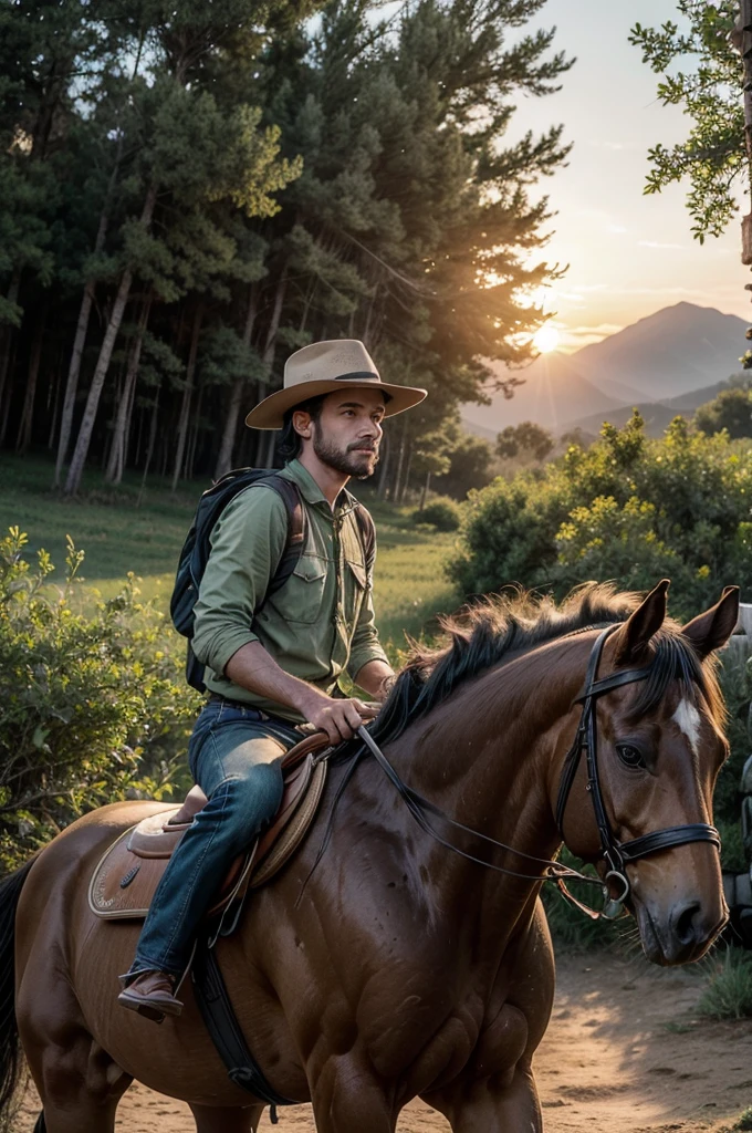 man riding a horse, backcountry, SUNSET, Afternoon, fild, TREES, realisitic, muito realisitic, grama verde, plants, flowers, SUNSET alaranjado, casa de fild com cercas, animais e flowerstas pequenas