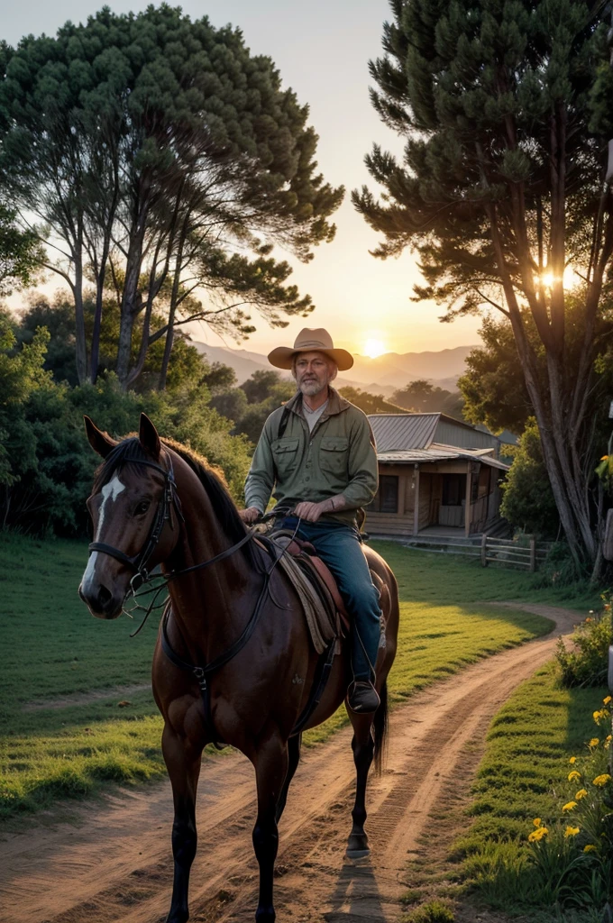 man riding a horse, backcountry, SUNSET, Afternoon, fild, TREES, realisitic, muito realisitic, grama verde, plants, flowers, SUNSET alaranjado, casa de fild com cercas, animais e flowerstas pequenas