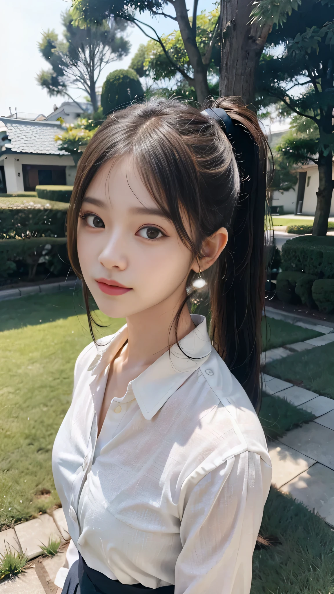 White collared shirt,jeans,Park,On the lawn,Close up face,One woman,masutepiece, The highest image quality, High quality, the background is clear,Beautiful woman, Japanese,Ultra-detailed, finely detail, hight resolution, 8K Wallpaper, Perfect dynamic composition, Beautiful detailed eyes , Detailed, Detailed eyes, Detailed skin, Beautiful skin, 超hight resolution, (reality: 1.4),Very beautiful woman, Slightly younger face, Beautiful skin, slender, (Ultra photo realsisim), (hight resolution), (8K), (Very detailed) (beautifully detailed eyes), (super detailed), (Detailed face), view the viewer, Fine details, Detailed face, Staring straight ahead, Staring straight ahead, photos realistic, Bright lighting, Professional Lighting, Black hair,poneyTail,a baby face,fourteen years old,Hairstyle: ponytail,Long ponytail hairstyle,slight smile,neat and tidy clothing,Beautiful Japanese KPOP idol photo, hair style is ponytail, my eyes are double and wide, baby face, smile and look straight ahead, slender, small breasts,Close up face,