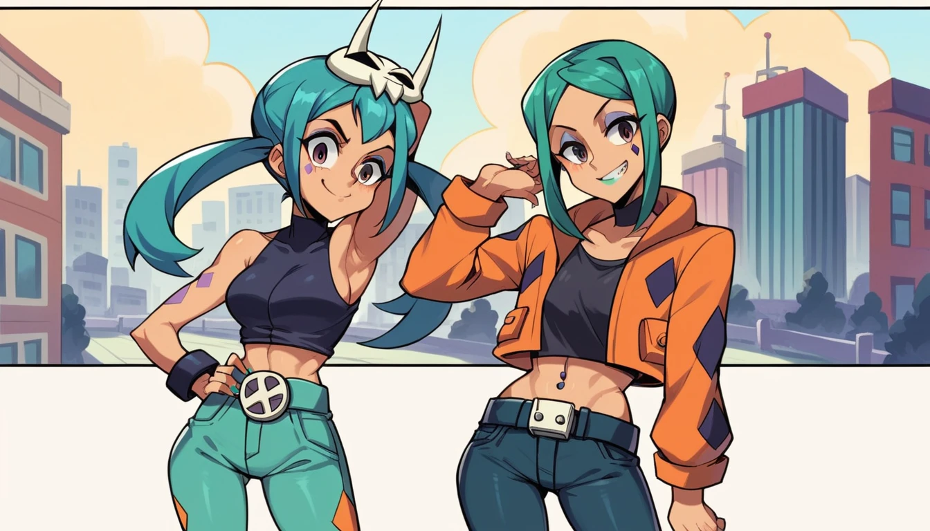 score_9, score_8_up, score_7_up, source_anime, beautyful woman, cerebella from skullgirls, black cropped, orange jacket, jeans pants, smile, city background