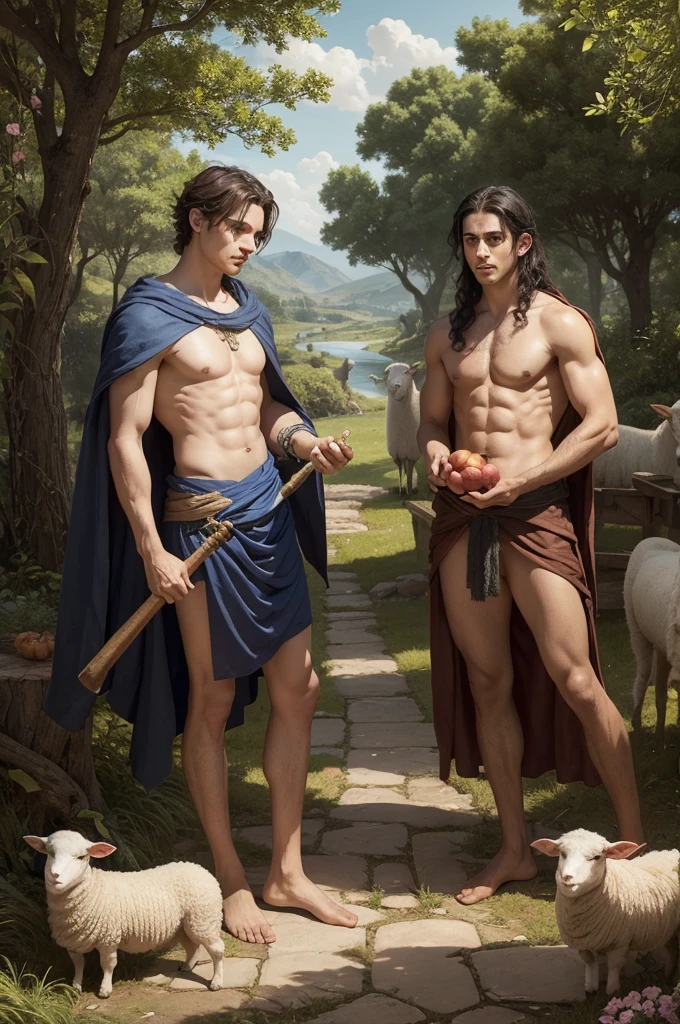 Prompt Sete filho de Adão e Erva na bíblia Magic Prompt An illustration of Cain, Seth, and Abel from the Bible, portrayed as children of Adam and Eve. Cain, the oldest, is seen holding a fruit in one hand and a sma ll tool in the other. Seth, the middle , has a calm and thoughtful expression. Abel, the youngest, is holding a staff and a few sheep, depicting his occupation as a shepherd. The background shows the Garden of Eden, with a serene river, lush trees, and the iconic Tree of Life.