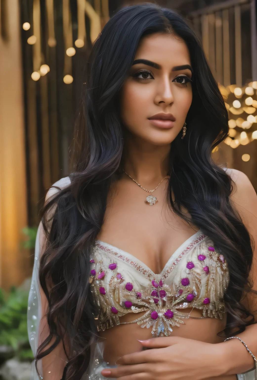 An ultra realistic portrait of a very beautiful woman in translucent saree ,hyper detail, cinematic lighting, 4k, 8k, ultra realistic, high resolution, ultra hd, super realistic, sharp, good quality, Movie like, attractive, glowing, cute, sizzling, charming, jwellery, necklace, sunlight, sparks, glossy, dust particles , 3D look, sunshine, feathers, HD, flowers,Glowing hair, fireflies, simple background, temple, crowds, full body pic, black browh hairs, black eyes, Indian girl