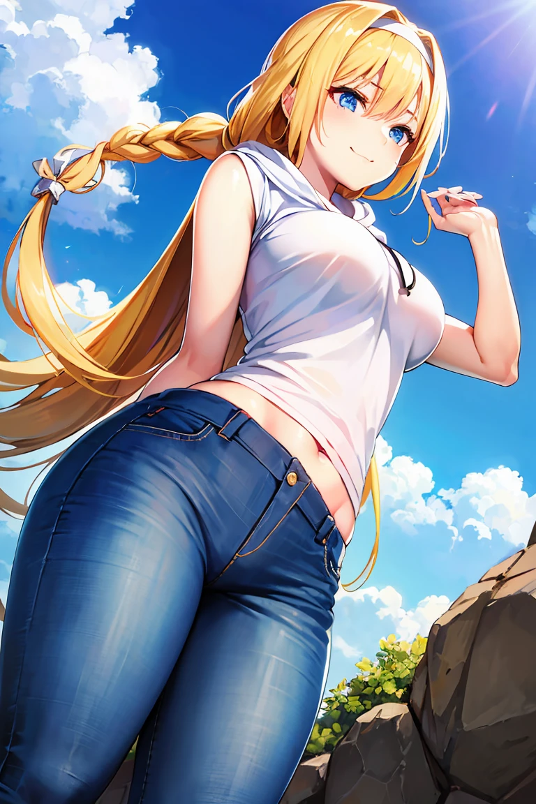 (masterpiece:1.2), (highest quality:1.2), perfect eyes, perfect face, perfect lighting, mountainous horizon, alice zuberg, bangs, blue eyes, blonde hair, hair between eyes, very long hair, braid, hairband, white hairband, cute eyes , ((((from below)))), closed mouth, vivid description,orgasm, I was scared, Ahegao, smile+Happy, tooth, anger, From the side, She is wearing pink shorts with jeans textured lace, wears hoodie in yellow modern style fashion, Are standing, arm behind back