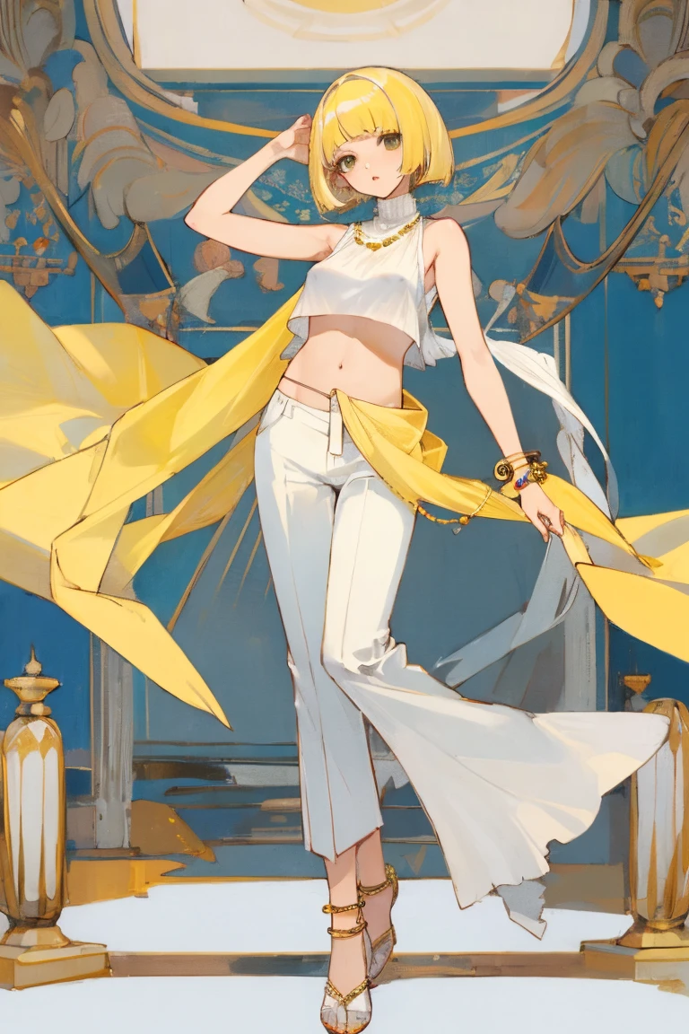((Highest quality)), ((masterpiece)), (be familiar with),woman,thin,Yellow Hair,Bobcut,Perm,sleeveless white sweater,{{{Erect nipples}}},shawl,pants,anklet