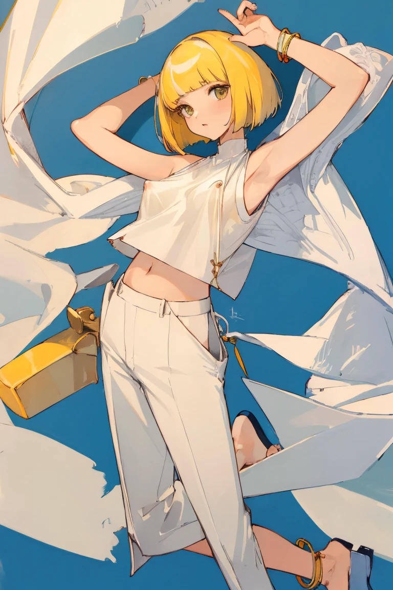 ((Highest quality)), ((masterpiece)), (be familiar with),woman,thin,Yellow Hair,Bobcut,Perm,sleeveless white sweater,{{{Erect nipples}}},shawl,pants,anklet