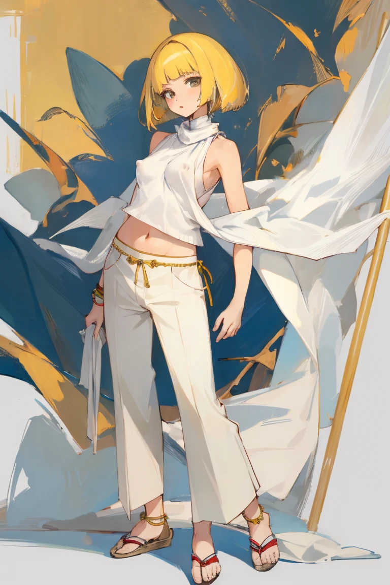 ((Highest quality)), ((masterpiece)), (be familiar with),woman,thin,Yellow Hair,Bobcut,Perm,sleeveless white sweater,{{{Erect nipples}}},shawl,pants,anklet
