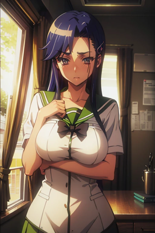 ((masterpiece,Highest quality,Ultra high definition,High resolution,8K,Ultra high definitionCG))Browsing Caution,Clear margins,A very beautiful adult woman in her 20s,1 person,Attractive figure,Very ample large breasts,(A drawing from the waist up),(Sunburnt black skin),(Blue Hair),Thin eyebrows,She pinned her hair behind one ear.,shoulder-length hair,Center-parted bangs,Cute eyes,A slightly shy face,(Student Council President,school uniform),Climax,Hair clip