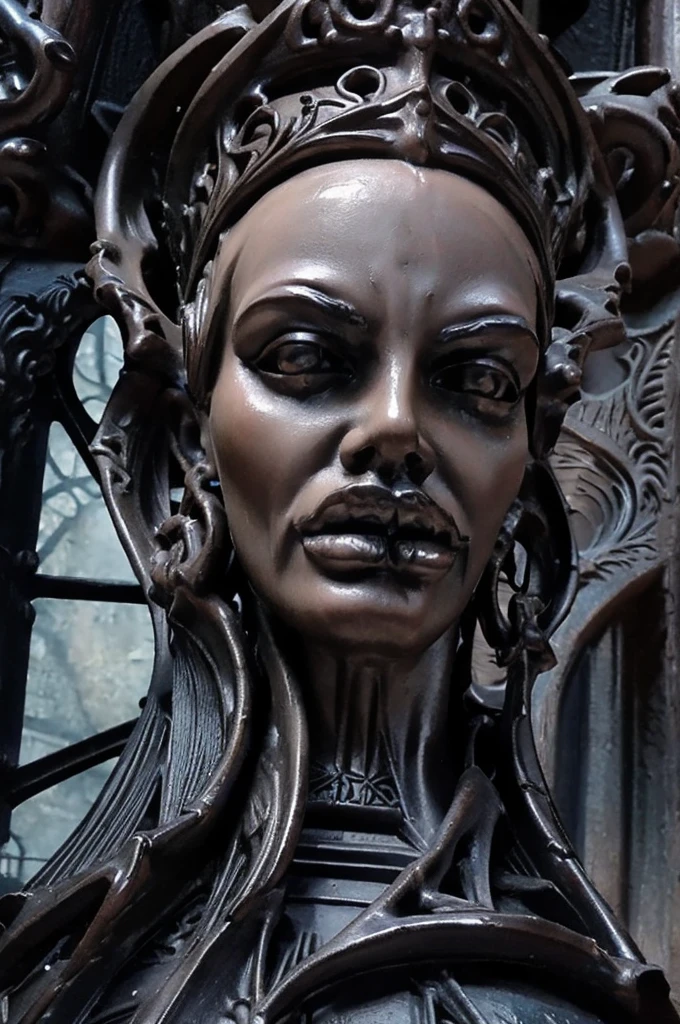a close up of a sculpture of a woman's face with a gothic style head, gothic face, gothic art style, detailed 3d gothic oil painting, gothic art, baroque dark art, hyperrealistic art nouveau, intricate sculpture, ornamental gothic - cyberpunk, intricate face, detailed face ), symmetical face, neogothic art, gothic influence, gothic and baroque