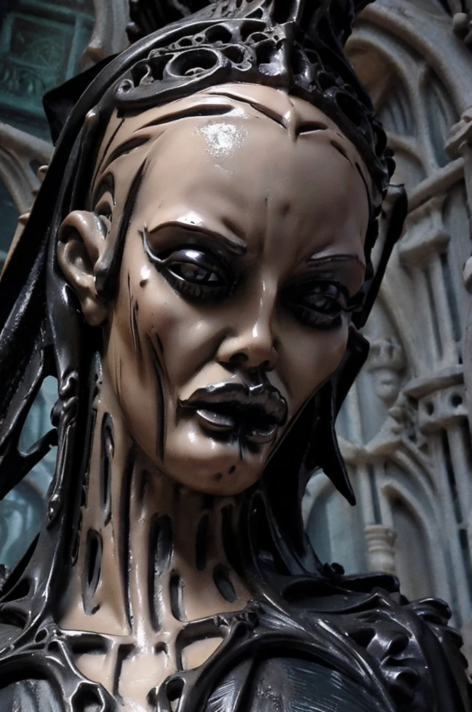 a close up of a sculpture of a woman's face with a gothic style head, gothic face, gothic art style, detailed 3d gothic oil painting, gothic art, baroque dark art, hyperrealistic art nouveau, intricate sculpture, ornamental gothic - cyberpunk, intricate face, detailed face ), symmetical face, neogothic art, gothic influence, gothic and baroque