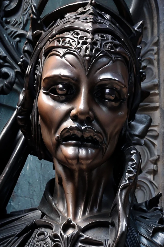 a close up of a sculpture of a woman's face with a gothic style head, gothic face, gothic art style, detailed 3d gothic oil painting, gothic art, baroque dark art, hyperrealistic art nouveau, intricate sculpture, ornamental gothic - cyberpunk, intricate face, detailed face ), symmetical face, neogothic art, gothic influence, gothic and baroque