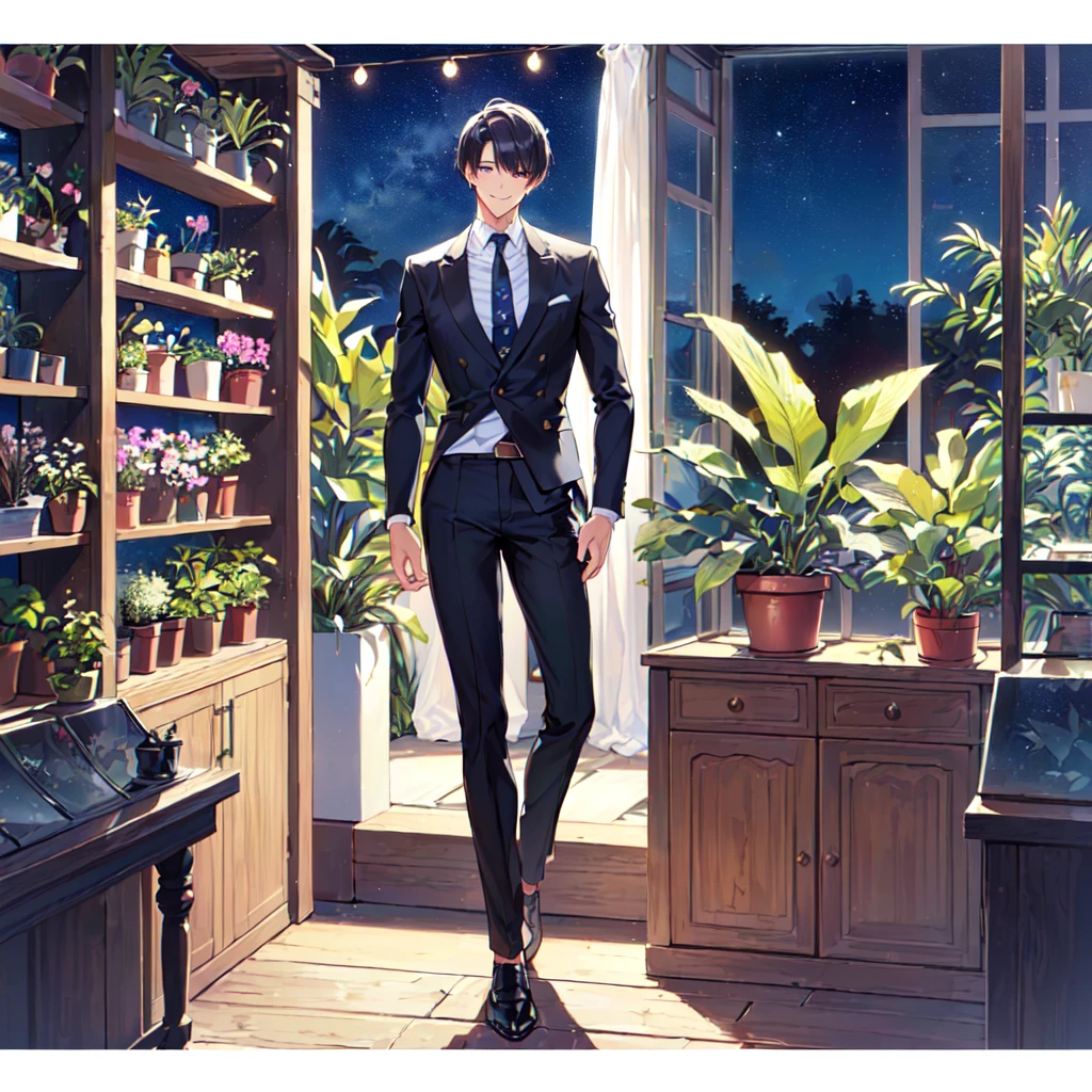 masterpiece,best quality,high quality,(1male austere handsome solo adult age 30 years old:1.5), purple eyes, cool with suspended eyes, V-shaped eyebrows, body strong and fearless 8.5 head tall, height 185cm, (well-groomed black short hair down to neck:1.4), (bangs 7 thirds parted:1.4), slender nose, facial muscles, throat, (pants in houseplant print fashion:1.3), (standing), (stylish pose), (fearless smile:1.3), (botanical garden full of houseplants in background:1.5), (Night Sky:1.2)