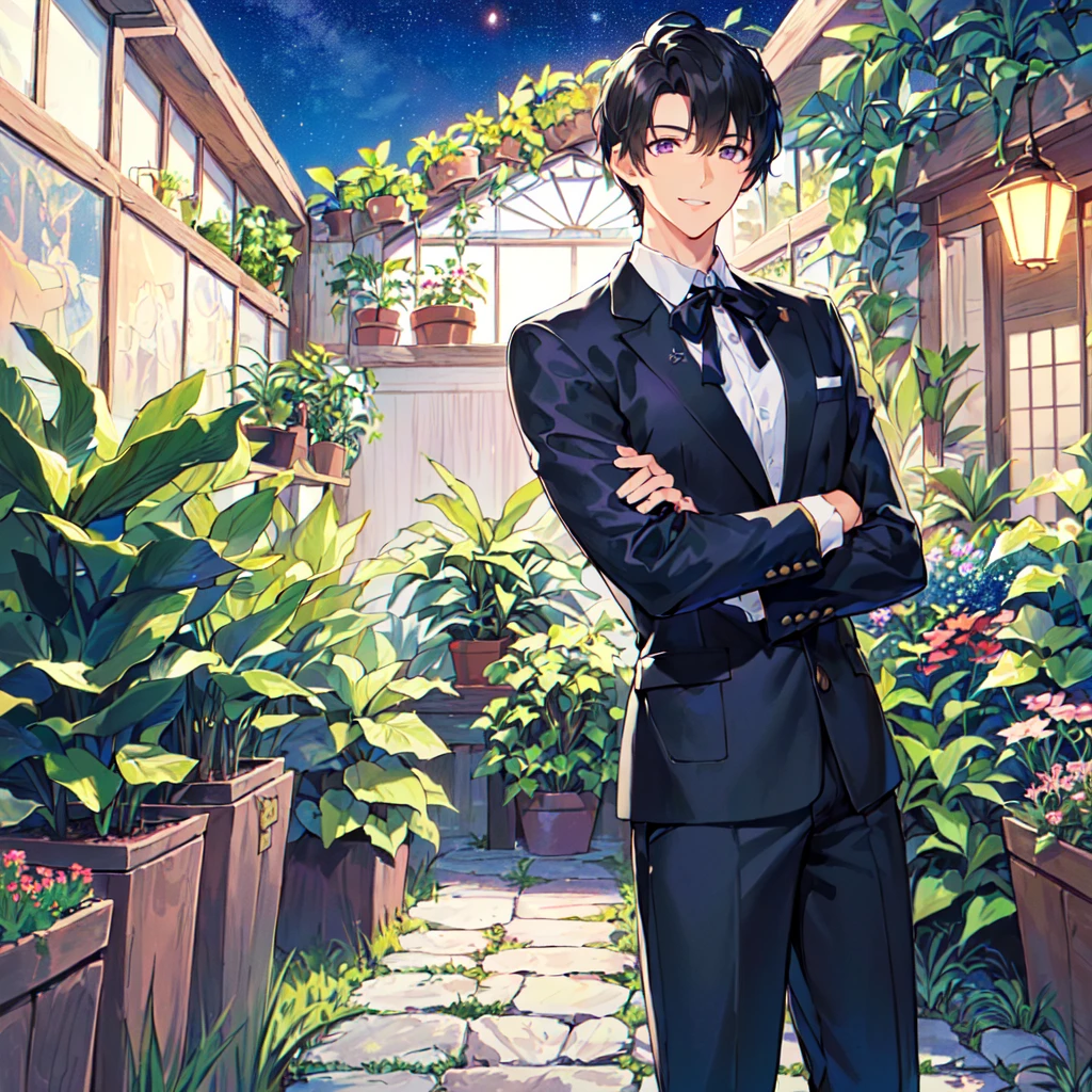 masterpiece,best quality,high quality,(1male austere handsome solo adult age 30 years old:1.5), purple eyes, cool with suspended eyes, V-shaped eyebrows, body strong and fearless 8.5 head tall, height 185cm, (well-groomed black short hair down to neck:1.4), (bangs 7 thirds parted:1.4), slender nose, facial muscles, throat, (pants in houseplant print fashion:1.3), (standing), (stylish pose), (fearless smile:1.3), (botanical garden full of houseplants in background:1.5), (Night Sky:1.2)