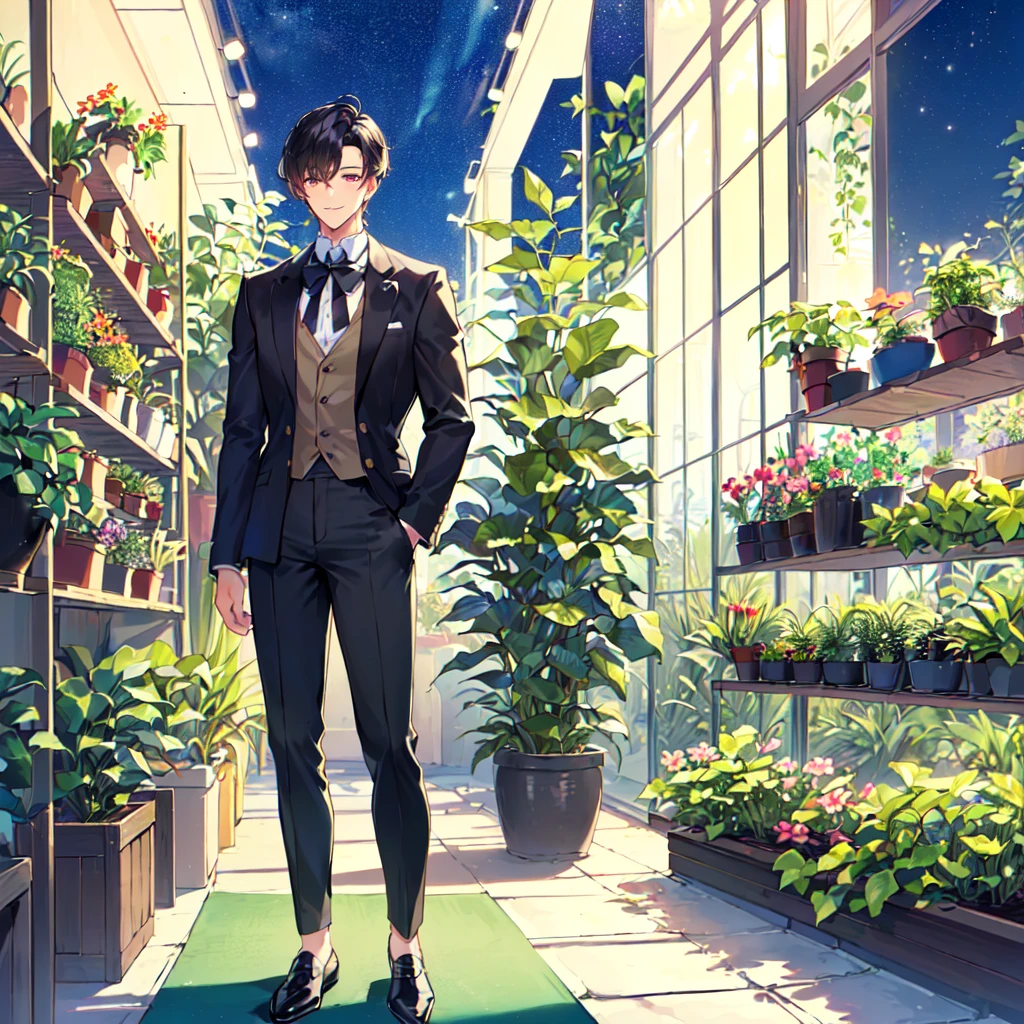 masterpiece,best quality,high quality,(1male austere handsome solo adult age 30 years old:1.5), purple eyes, cool with suspended eyes, V-shaped eyebrows, body strong and fearless 8.5 head tall, height 185cm, (well-groomed black short hair down to neck:1.4), (bangs 7 thirds parted:1.4), slender nose, facial muscles, throat, (pants in houseplant print fashion:1.3), (standing), (stylish pose), (fearless smile:1.3), (botanical garden full of houseplants in background:1.5), (Night Sky:1.2)