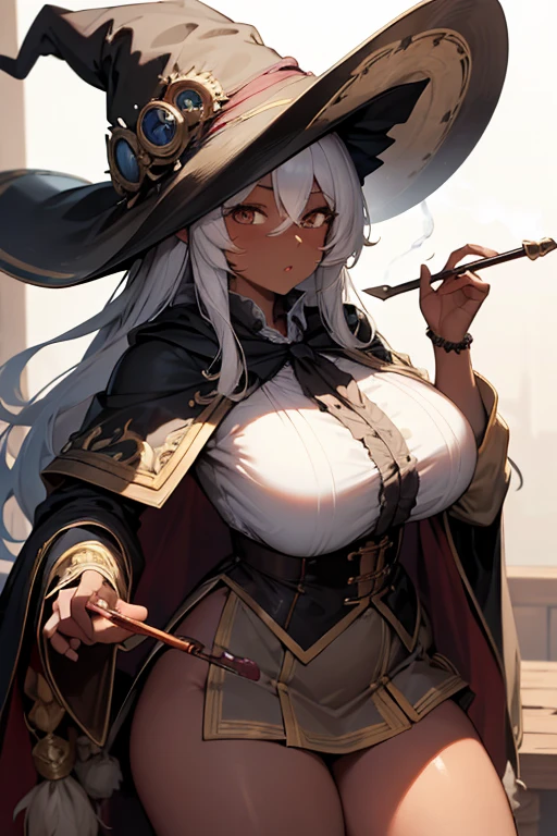 (masterpiece:1.2),Detailed explanation, Awards, high quality, High resolution, HD, 4K,8K,high quality,(professional illustration:1.1),(Chewy breasts,tender breasts:1.3),large breasts,close up face,Thighs focus,(dark skin:1.2),white hair,(loli:1.2),(cape,poncho:1.2 ),Fuzz hair,Flowing hair,military uniform,(blouse:1.3),sorcerer,Alchemist,pirate,huge hat,wizard hat,(hide your eyes with a hat),underbust,intricate details,elaborate clothing,long paleo,smoker,smoking pipe ,Kissel