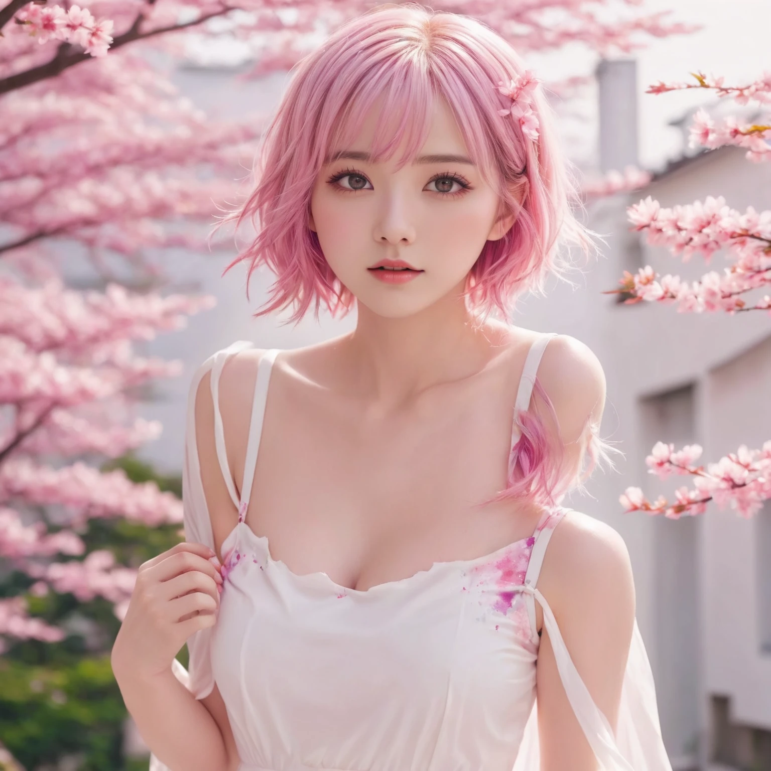 Light pink hair, pink eyes, pink and white, sakura leafs, vivid colors, white dress, paint splash, simple background, ray tracing, wavy hair