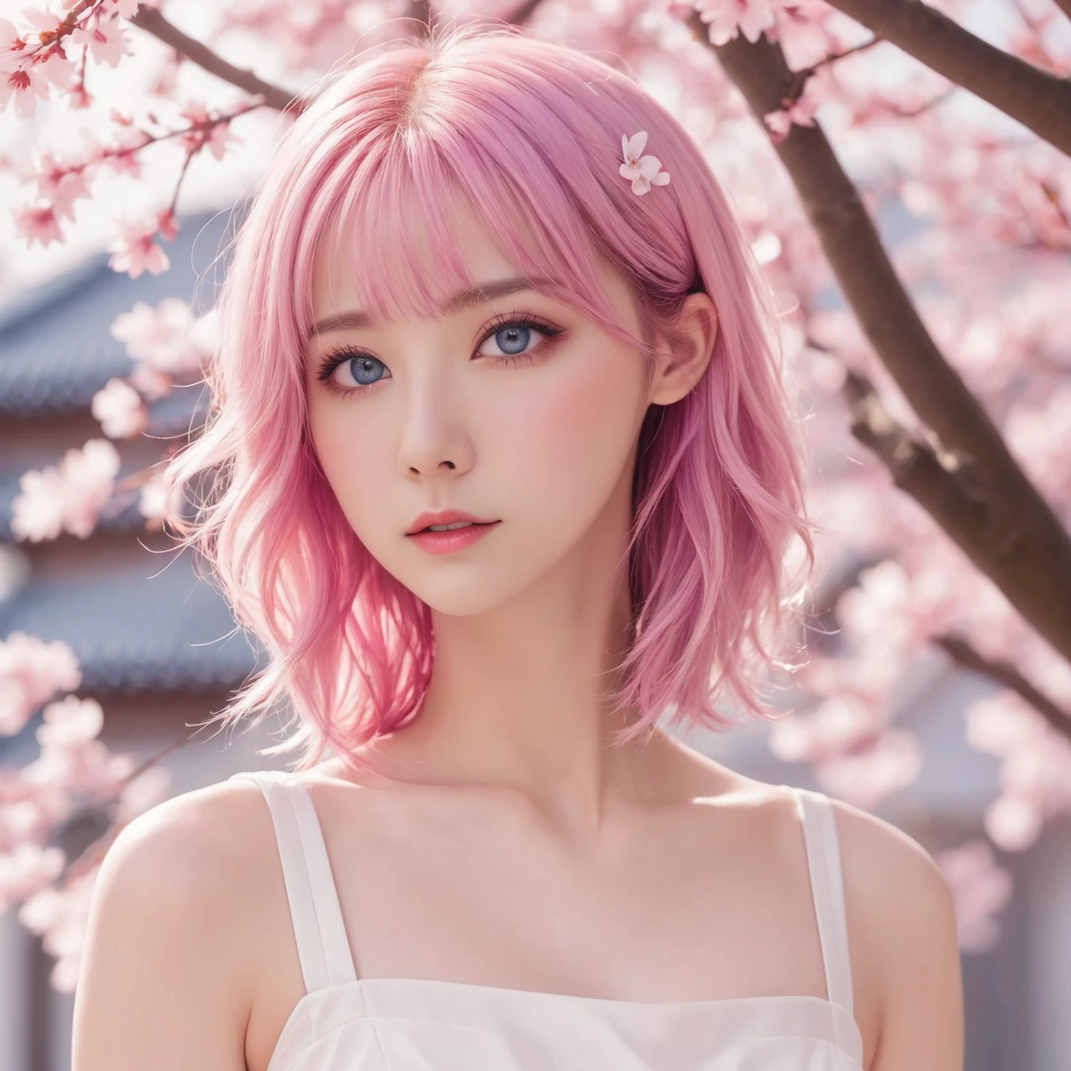 Light pink hair, pink eyes, pink and white, sakura leafs, vivid colors, white dress, paint splash, simple background, ray tracing, wavy hair