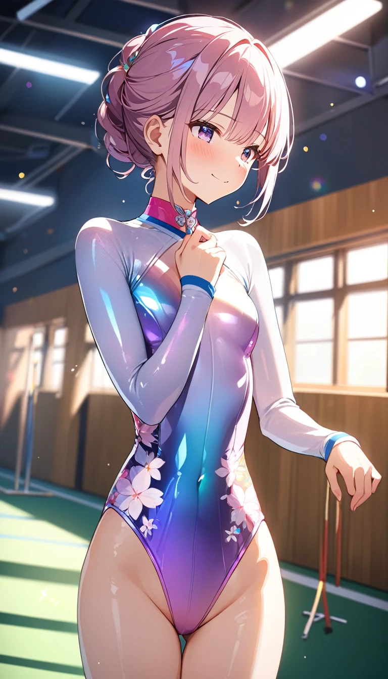 highquality illustration, masterpiece, very delicate and beautiful, attractive girl,(gymnastics leotard, Floral patterns leotard,long sleeve leotard with glittery decoration,high_leg leotard,athletic leotard,tight-fit leotard,iridescent gradient leotard),thin,slender body,slim,high school,gymnasium background,gymnastics club,gymnastics athlete,princess, beautiful eyes,light smile,(masterpiece, best quality:1.2), highres, extremely detailed CG unity 8k wallpaper, perfect lighting, Colourful, ultra-high res,4K,ultra-detailed, photography, 8K, HDR,  ages, 