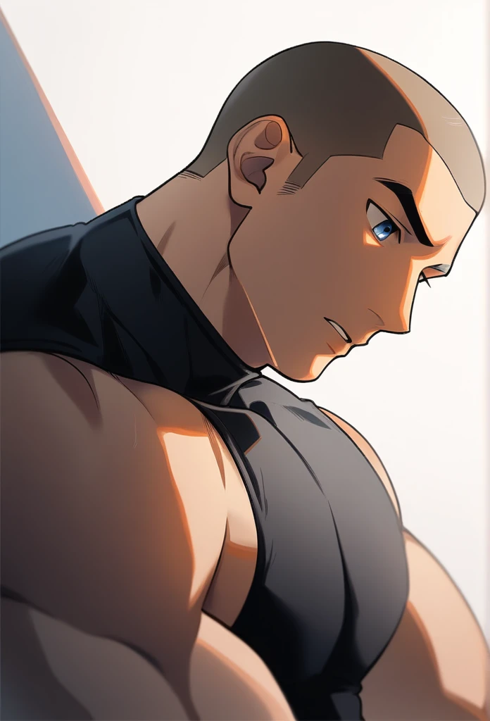 1boy, male focus, sitting facing, head against the wall, sidepec, muscular male, muscular, bara, defined abs, upper body, solo, huddled pose, looking down, serious, very short hair, buzzcut, stubble, light brown hair, clear blue eyes, parted lips, black turtleneck outfit, white background, simple background, best quality, amazing quality, best aesthetic, absurdres, year 2023