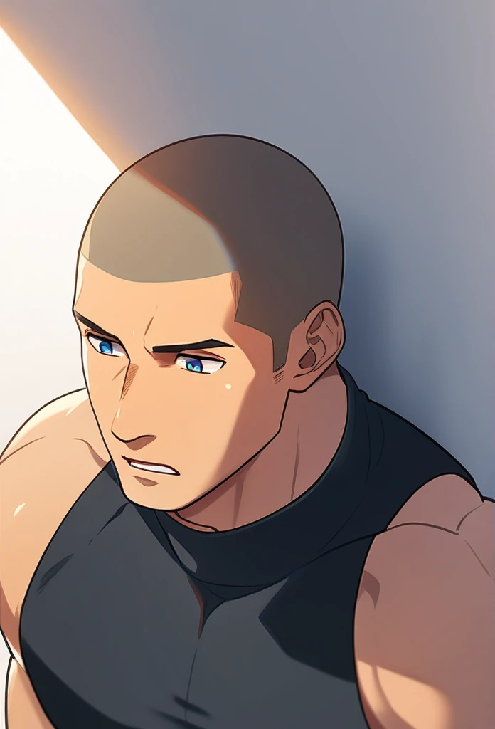 1boy, male focus, sitting facing, head against the wall, sidepec, muscular male, muscular, bara, defined abs, upper body, solo, huddled pose, looking down, serious, very short hair, buzzcut, stubble, light brown hair, clear blue eyes, parted lips, black turtleneck outfit, white background, simple background, best quality, amazing quality, best aesthetic, absurdres, year 2023