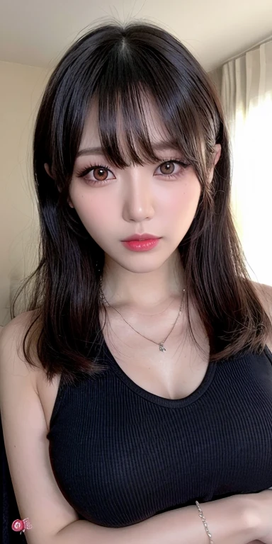 Canon RF 85mmf/1.2,masutepiece,Best Quality,超A high resolution,tu,1 girl,(Korean mixed,Kpop Idol:1.2),Solo,white_shiny_skin,Black eyes,Necklace,brown_long_Wavy_hair,Red lipstick bright_shiny_Lips,Eyelashes,Bangs,deal,make - up,shiny,Pore,skin texture,Bracelet,off shoulders,See-through,Big breasts