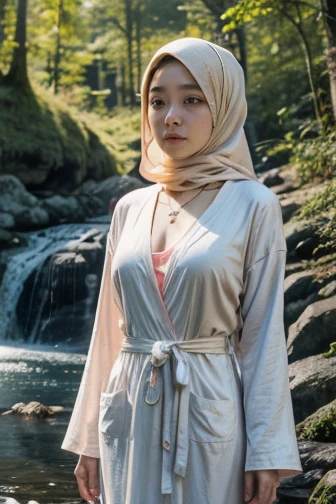 RAW, Best quality, high resolution, masterpiece: 1.4), beautifull Korean woman in hijab, 25 years old.Masterpiece, perfect slim fit body, (medium breast gorgeous eyes, Soft smile, wear a light pastel robe gamis, unbuttoned loose opened clothes, showing nude breasts and vagina ,see a cameltoes,necklace, shairband, naked pose, evening view at waterfall. forest. Excellent lighting, Bright colors, Clean lines.