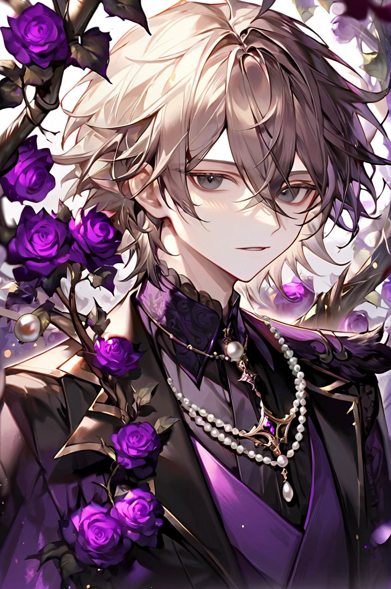 1boy, solo, adult, male focus, absolutely black eyes, demonic eyes, dark-pearl hair, wavy hair, pale skin, thorny vines entwine the hair, graceful delicate facial features, dark purple aristocrat's clothes, black cloak covers his head, half body