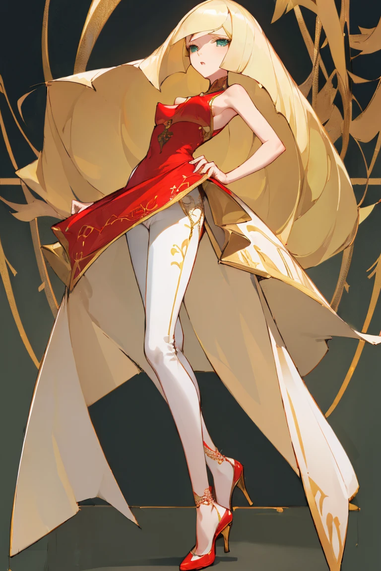 ((Highest quality)), ((masterpiece)), (Familiar), Lusamine,thin,Long blonde hair,Small breasts,Small breasts,Erect nipples,Adult female,Green Eyes,Slanted Eyes,Sleeveless dress,Gorgeous red dress,Gold embroidery,High heels,Fascinating,White pants
