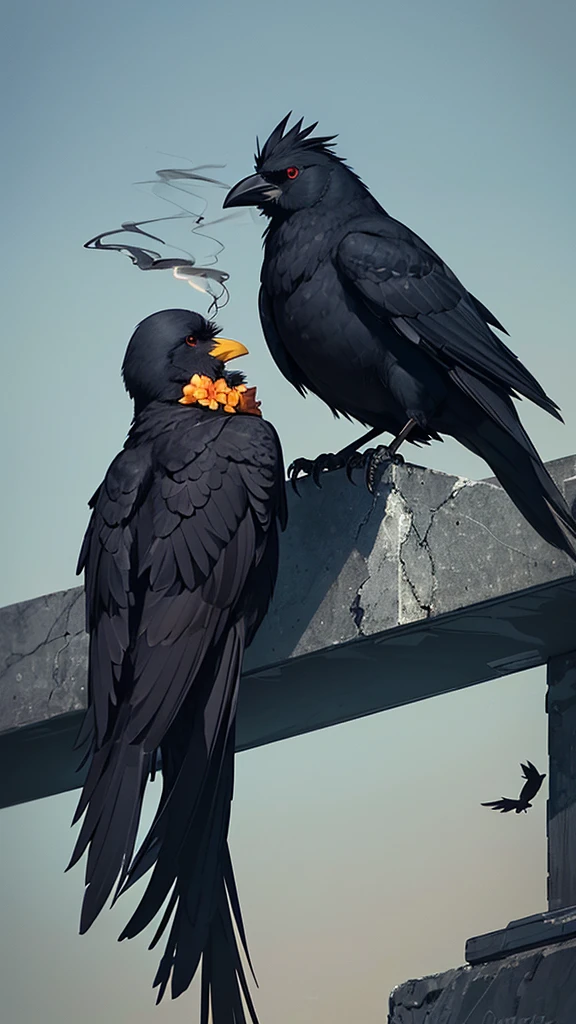 A sencient black bird perched on a ledge, pet bird, taking a smoke break, with a cigarette in its mouth, thoughtful crows, beautiful dark crows, crows as a symbol of death, crows, they are smoking, cigarette, with dark ghosts smoking around, crows, smoking a cigarette, black crows