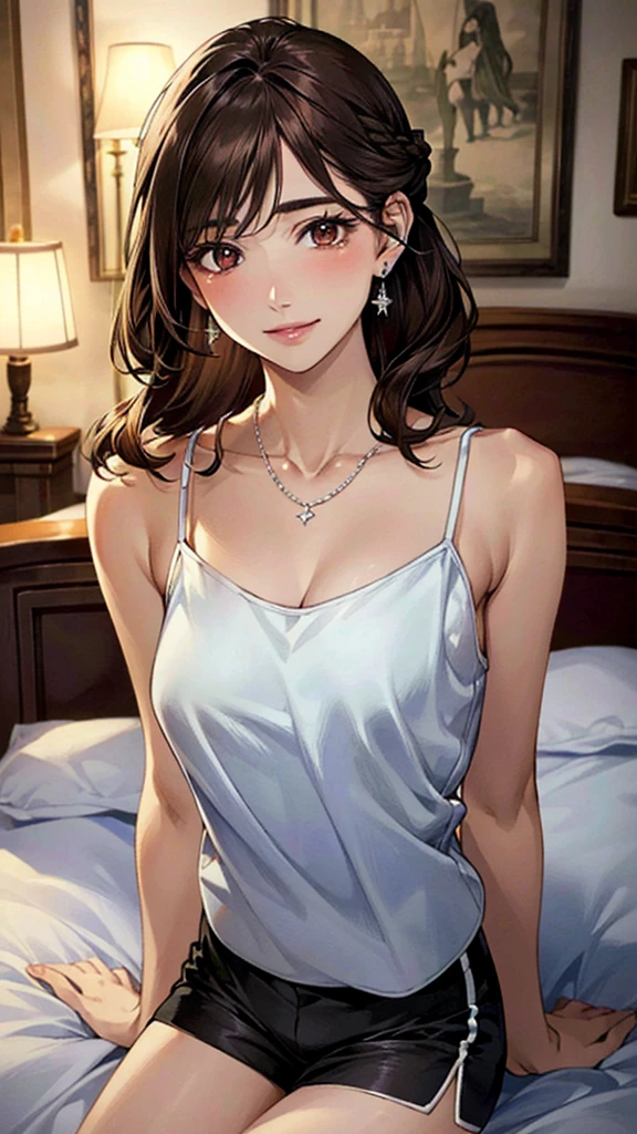 (masterpiece:1.3, Highest quality, Ultra-high resolution, Super detailed), (Realistic, photoRealistic:1.4), Beautiful illustrations, Perfect lighting, colorful, Depth of written boundary, Beautiful detailed hair, Beautifully detailed face, Beautiful fine details, Droopy eyes、Beautiful clavicle, Beautiful body, 美しいLarge Breasts, Beautiful thighs, Beautiful feet, Beautiful fingers, View Viewer、Front view:0.6, Beauty1人, Japanese, Beauty、30 years old, Perfect Face, (Perfect Anatomy, Anatomically correct), Cute and symmetrical face, Baby Face, , Shiny skin, (camisole、Shorts:1.4) 、(Dark brown hair, Updo Hair:1.4), braided bangs、Dark brown eyes, Large Breasts, Slim body, necklace, Small earrings:1.1, (Beautiful views),(night),(My Room),Lying on the bed、 A soft smile、(Smile, Lips parted),