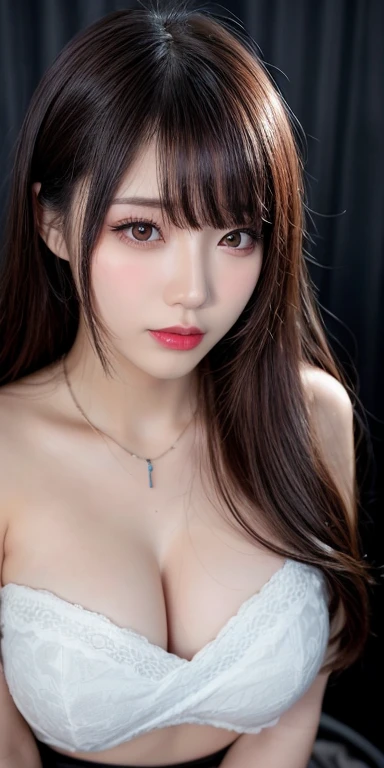 Canon RF 85mmf/1.2,masutepiece,Best Quality,超A high resolution,tu,1 girl,(Korean mixed,Kpop Idol:1.2),Solo,white_shiny_skin,Black eyes,Necklace,brown_long_Wavy_hair,Red lipstick bright_shiny_Lips,Eyelashes,Bangs,deal,make - up,shiny,Pore,skin texture,Bracelet,off shoulders,See-through,Big breasts